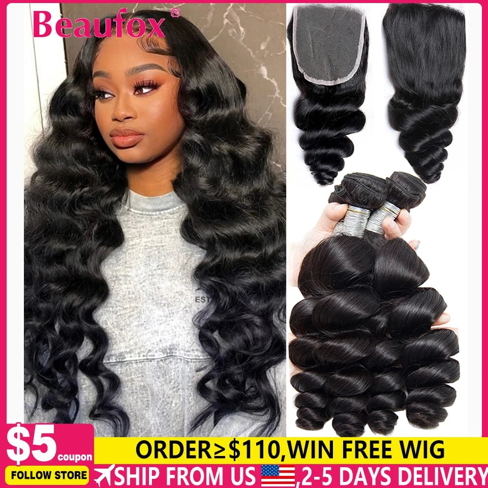 Loose Wave Indian Human Hair Bundles with Closure